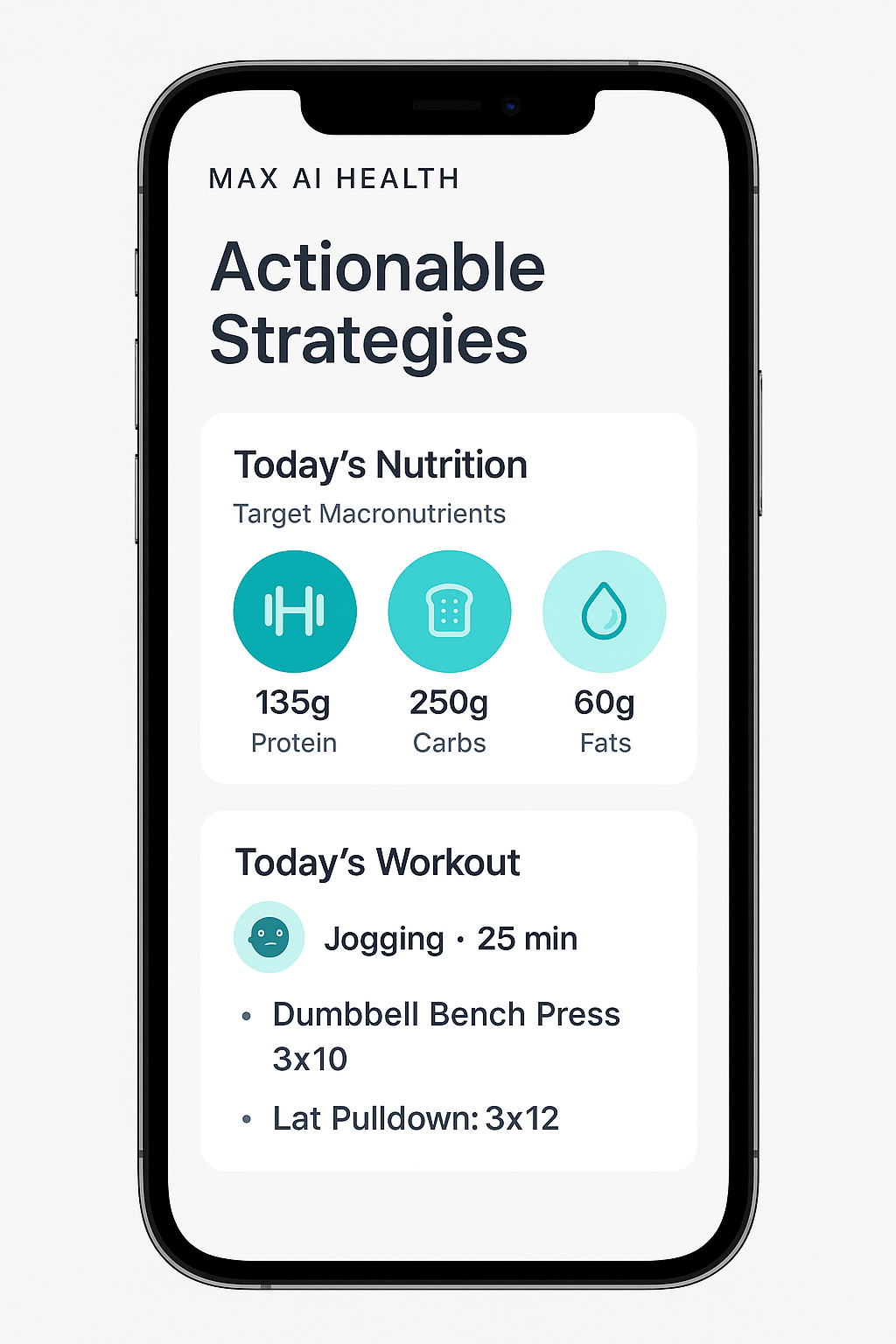 Mockup of the Max AI Health app interface showing a personalized AI health plan