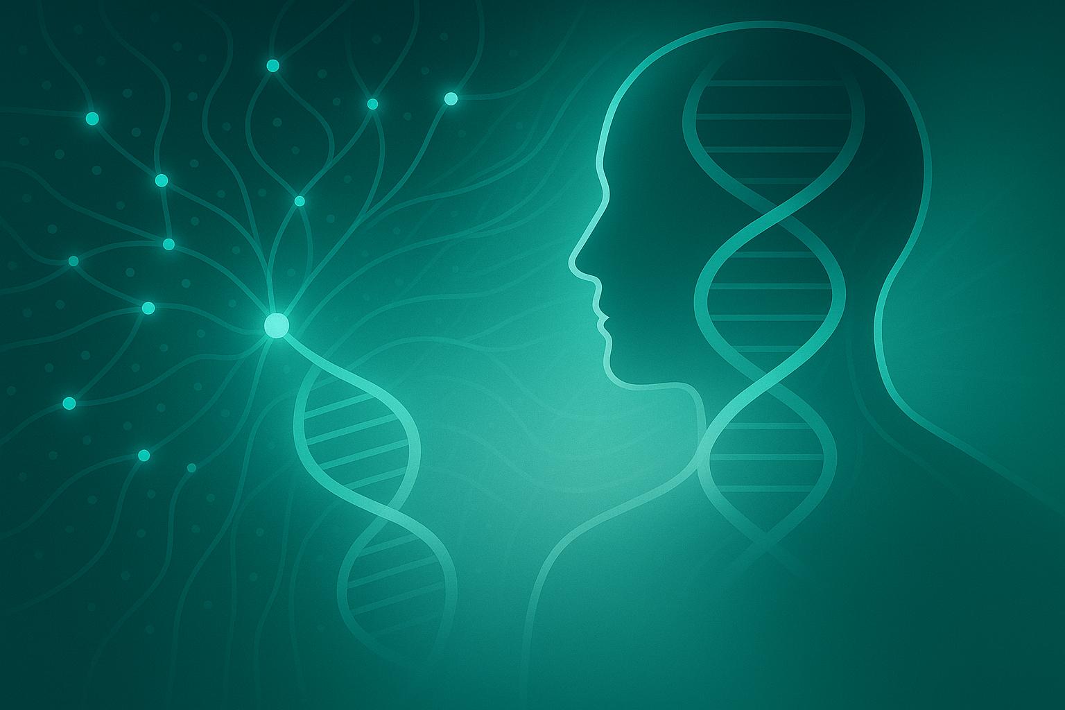 Stylized depiction of AI networks and healthcare symbols