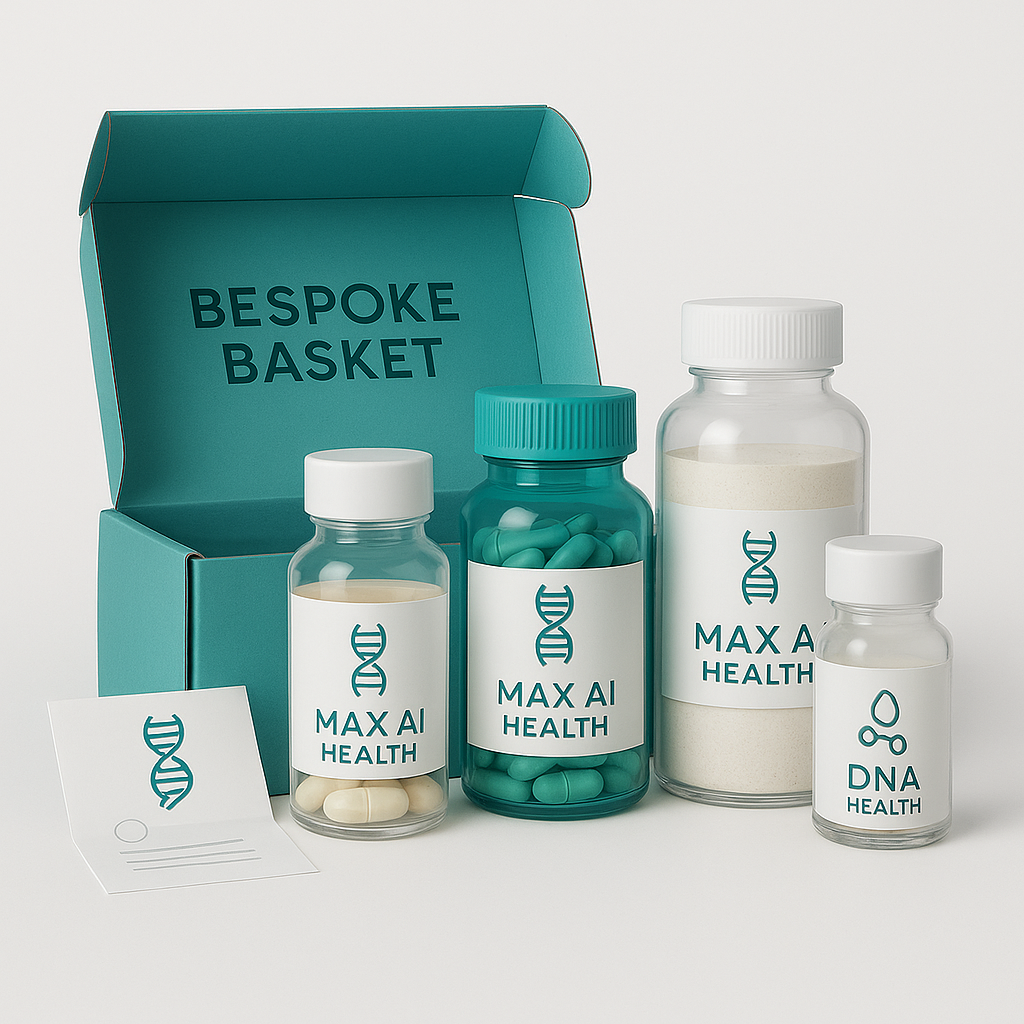 A curated basket of personalized Max AI Health supplement bottles