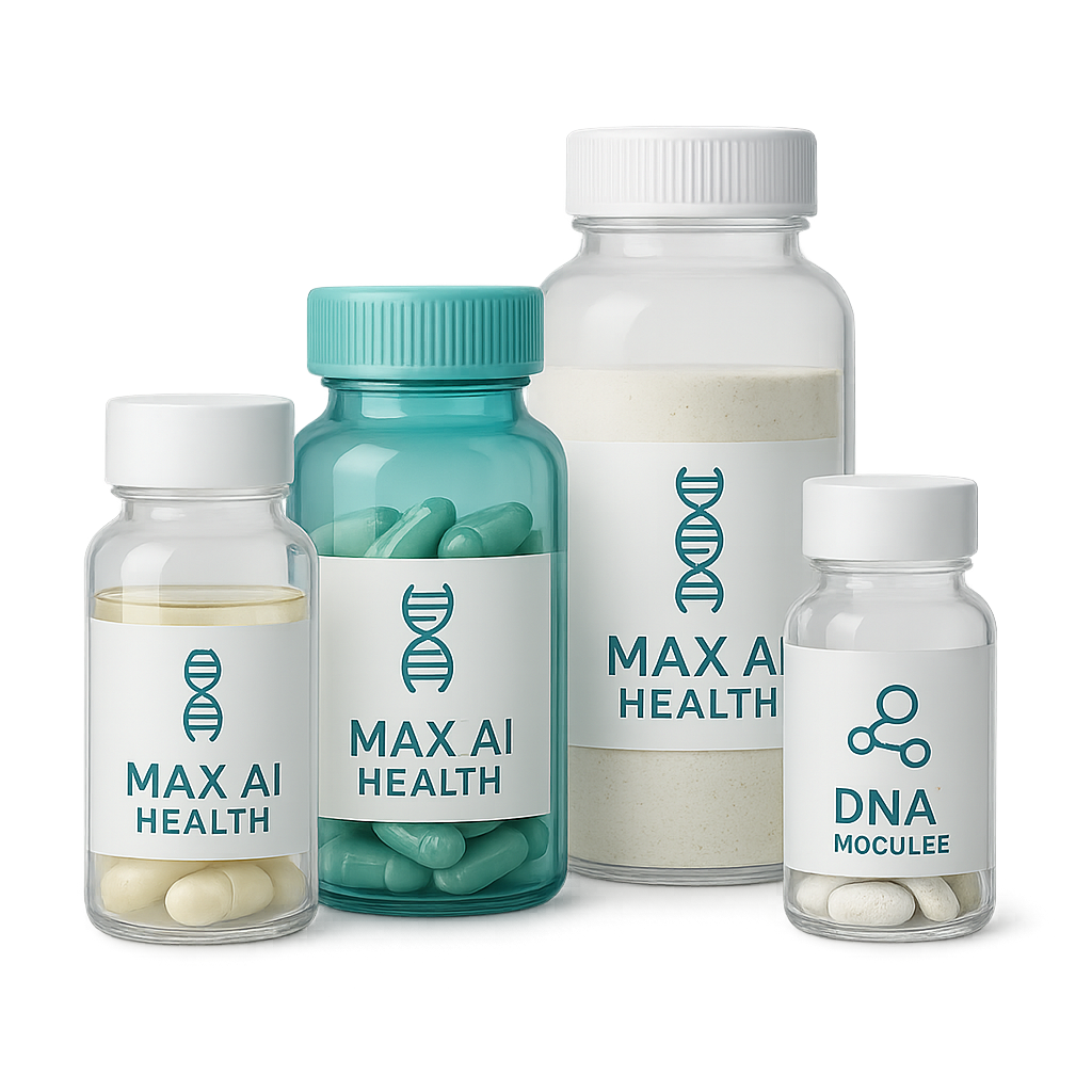 Artistic arrangement of personalized supplement bottles and natural ingredients